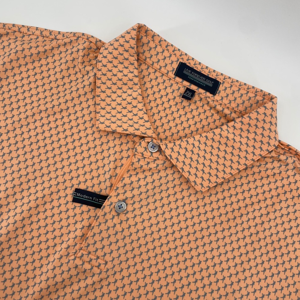 Live Forever Golf Polo Mens 2XL Orange Golfer Print Modern Fit Performance Shirt